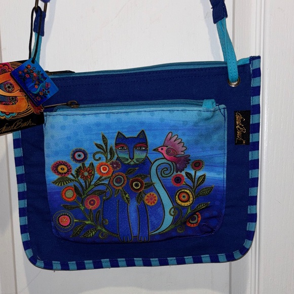 Laurel Burch Vibrant Blue Cat and Bird Crossbody Bag - Picture 1 of 13